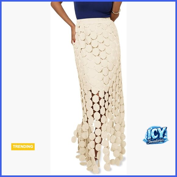 Polyester Hollow Out Maxi Skirt with Fringe Hem High Waisted